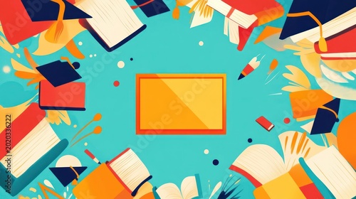 Educational illustration, books, graduation caps, blank space, design element, for use in presentations, or education-themed material