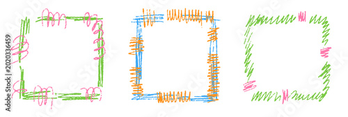 Set of kindergarten crayon square frames with pastel doodle borders and hand drawn childish texture.