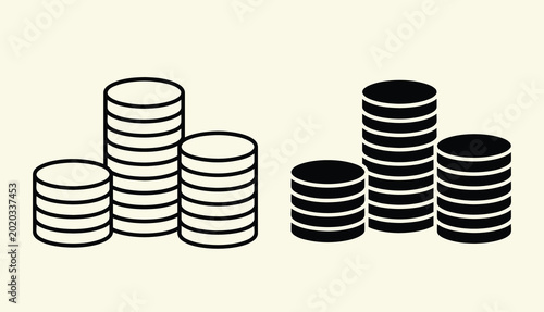 stacked coin icon set, outline and solid style, finance and currency symbols on transparent background. Stacks of coins in a simple line drawing style