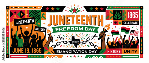 Juneteenth Freedom Day banner with silhouettes of people and Texas map. Flat design vector illustration for Emancipation Day