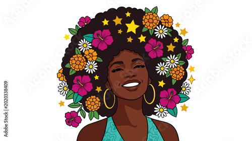 Portrait of a smiling Black woman with floral afro hair. Juneteenth celebration flat vector illustration