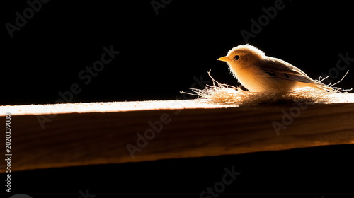 Small fluffy bird perched on a wooden beam illuminated by a single beam of warm golden light against a deep black background, evoking solitude and warmth.