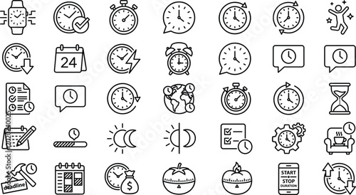 Cuadro en lienzo Time management and productivity outline icon set featuring clocks schedules dea