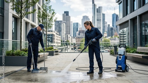 Man and woman cleaners working together to tidy up city pavement. Professional worker using pressure washer and sweeper for urban street maintenance and sanitation service.