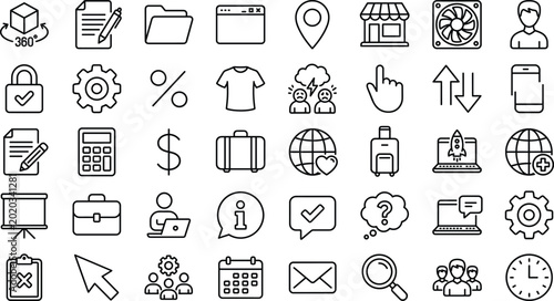 Modern business and technology outline icon set featuring communication ecommerce productivity and digital workflow symbols collection