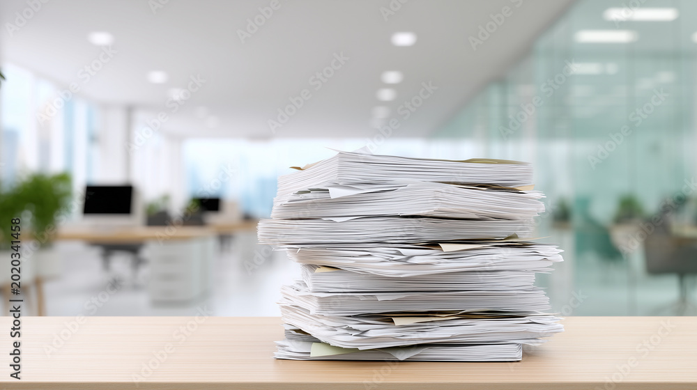 Fototapeta premium Large stack of office documents on desk in modern office, paperwork overload, bureaucracy, business reports, administrative work and document management concept. paperwork, documen