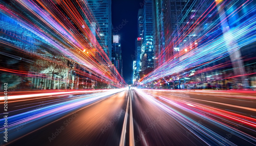 Naklejka premium dynamic abstract image of a city street at night featuring blurred neon lights and motion evokes speed energy and a futuristic atmosphere ideal for tech finance or travel