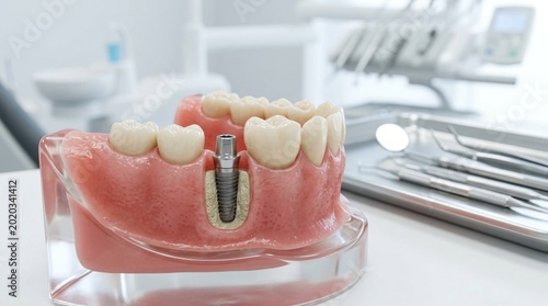 Dental implant procedure model showing prosthetic tooth replacement on human jaw, medical oral healthcare in modern clinic, molar
