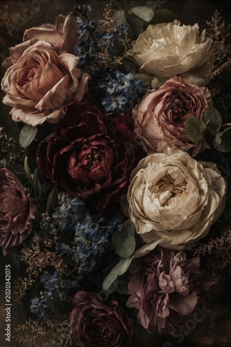 Moody Watercolor Floral Composition Featuring Roses Peonies and Blue Blossoms Against a Dark Painterly Background