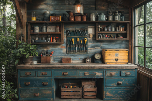 Blue cabinet under window in kitchen.