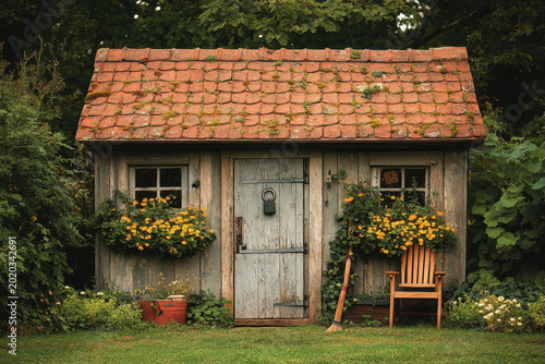 Small wooden shed with red roof.