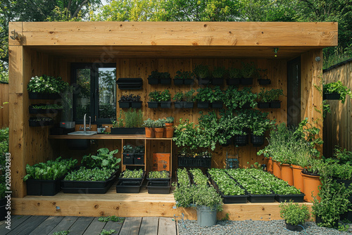 Wooden shed surrounded by lush plants.