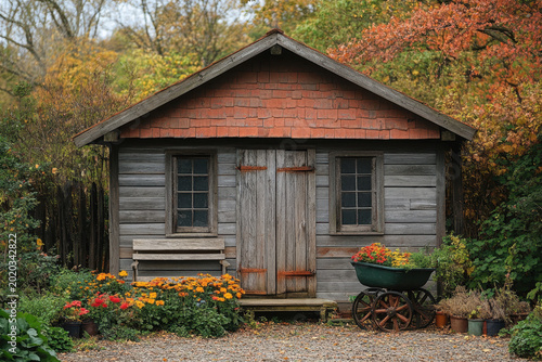 Wooden shed with wheel next to it.