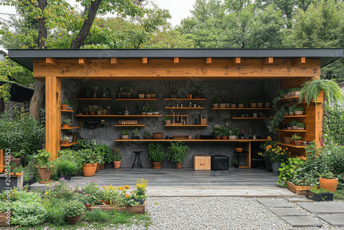 Potted plants arranged in a garden with a bar setup.