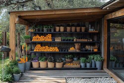 Shed with plants and fruit on shelf.