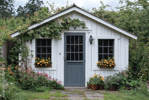 A small white shed with a blue door and window.