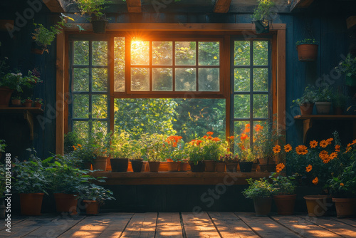 Potted plants on a wooden floor in front of a window.