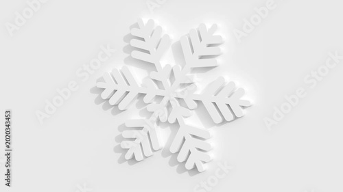 White 3D Snowflake Rotating Clockwise on White Background Centered Landscape Hi-res 4K 30 FPS 16:9 Aspect Ratio Seamless Loop Repeatable