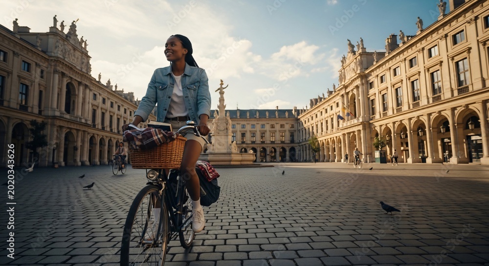 Obraz premium Jeune femme souriante à vélo traversant une place historique, concept de liberté et paix, architecture classique, sérénité urbaine, voyage et patrimoine, Journée du Souvenir.
