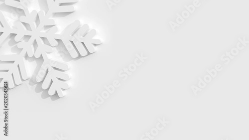White 3D Snowflake Rotating Clockwise on White Background Top Left Side Cropped Landscape Hi-res 4K 30 FPS 16:9 Aspect Ratio Seamless Loop Repeatable