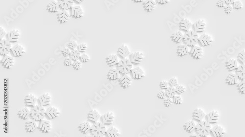 White 3D Snowflakes Falling and Rotating Clockwise on White Background Landscape Hi-res 4K 30 FPS 16:9 Aspect Ratio Seamless Loop Repeatable