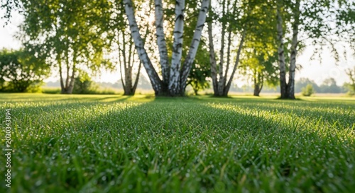 Rosée matinale sur herbe verte et bouleaux blancs, paysage serein pour journée du souvenir, atmosphère de paix et tranquillité, jardin ensoleillé, nature fraîche et calme.