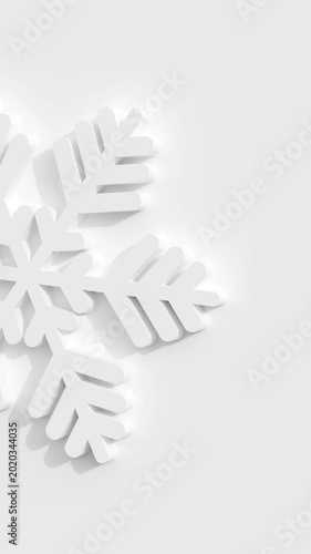 White 3D Snowflake Rotating Clockwise on White Background Left Side Cropped Portrait Hi-res 4K 30 FPS 9:16 Aspect Ratio Seamless Loop Repeatable