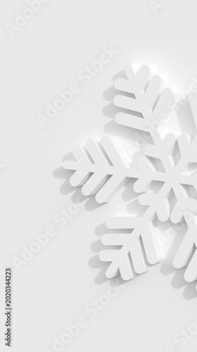 White 3D Snowflake Rotating Clockwise on White Background Right Side Cropped Portrait Hi-res 4K 30 FPS 9:16 Aspect Ratio Seamless Loop Repeatable
