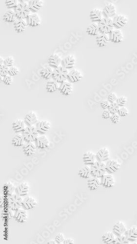 White 3D Snowflakes Falling and Rotating Clockwise on White Background Portrait Hi-res 4K 30 FPS 9:16 Aspect Ratio Seamless Loop Repeatable