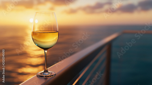 A glass of chilled white wine resting on a balcony railing, overlooking the ocean at sunset.