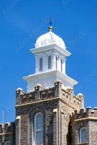Logan Utah Temple Exterior Historic LDS Church Building with Mountains and Blue Sky