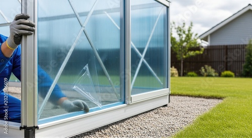 Man builder assembling greenhouse in garden. Worker wearing glove installing polycarbonate panel on metal frame. Installation of glasshouse structure for agriculture and home farming.
