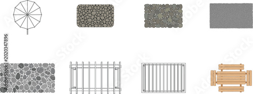 Obraz na płótnie Aerial view of outdoor objects including umbrella picnic table fence and textured ground on white background