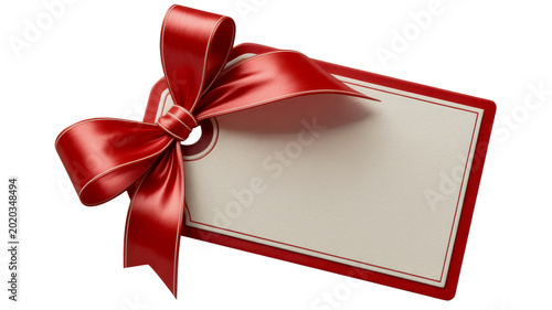 A decorative rectangular gift tag with a luxurious satin red ribbon tied into a bow for festive holiday shopping promotions displayed on transparent background