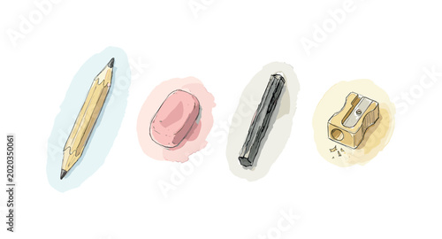 Sketching pencil, eraser, graphite stick, and a sharpener, soft naive watercolor illustration, humble old-fashioned storybook feel
