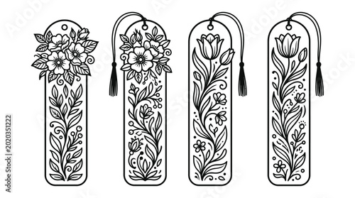 Set of Three Elegant Floral Pattern Bookmarks with Tassels, Isolated White Background.