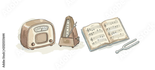 Vintage radio, piano score, metronome, and a tuning fork, soft naive watercolor illustration, humble old-fashioned storybook feel,