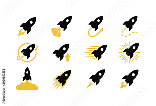Collection of black rocket icons with yellow accents illustrating various stages of flight