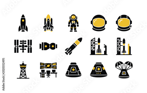 Collection of stylized icons representing space exploration and technology