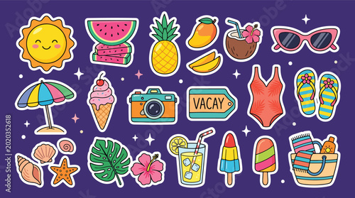 Cute summer beach sticker vector collection with sunglasses, ice cream, tropical flowers, swimsuit, camera, lemonade, surfboard, and sunny vacation accessories
