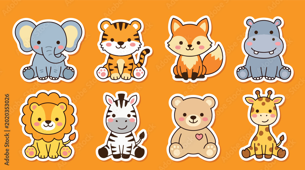 Fototapeta premium Adorable jungle animal sticker vector collection featuring zebra, teddy bear, giraffe, elephant, tiger, fox, hippo, and lion in kawaii cartoon style