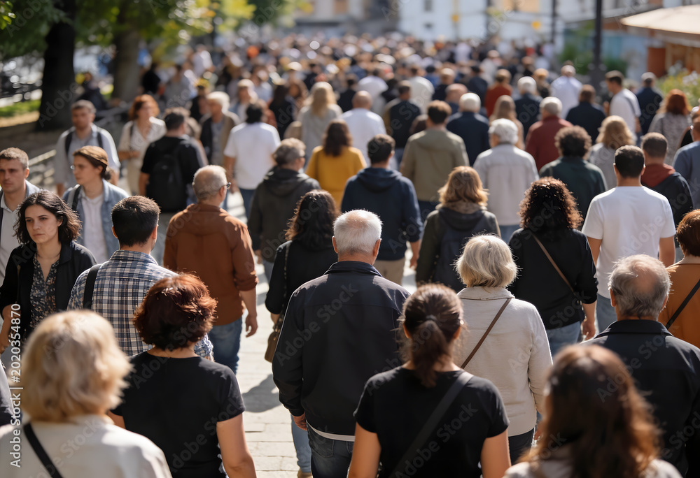 Fototapeta premium Large crowd of diverse people walking on street, bustling city scene, urban lifestyle.