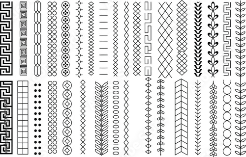 Set of black seamless tire track patterns and geometric vector textures for vintage fabric ornament and textile design illustration