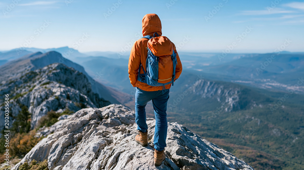 Fototapeta premium Rear view of an alpinist on a summit in Provence France overlooking a spectacular landscape, solo mountaineer summit concept, Provence mountain photography, Alpine achievement,