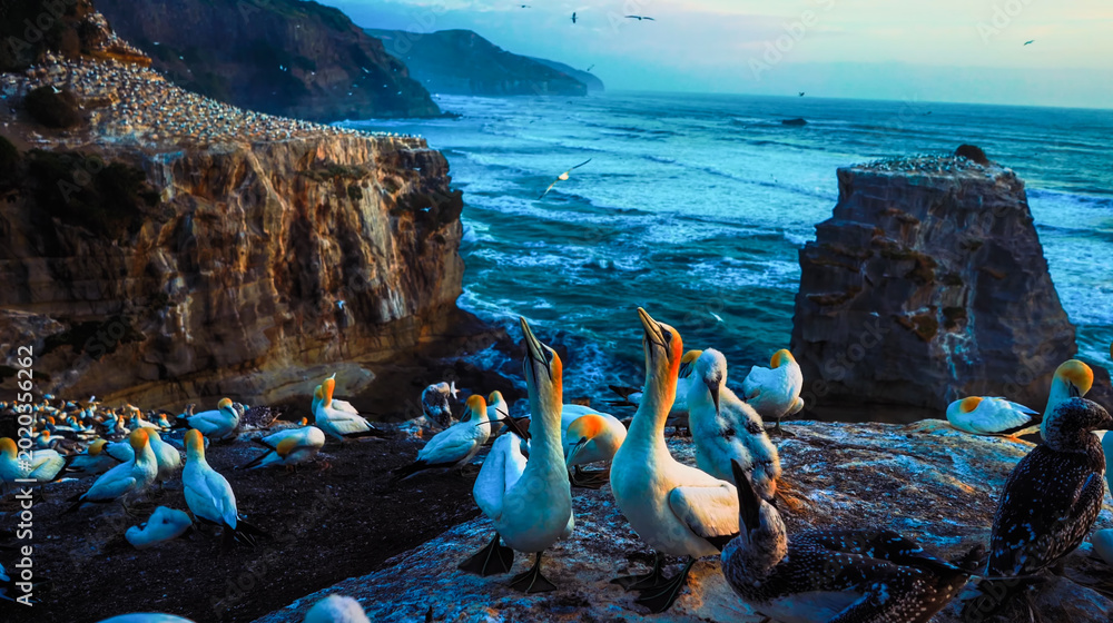 Φωτογραφία Breathtaking gannet colony on coastal cliffs at dusk