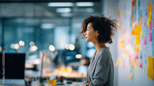 Candid shot of office worker during brainstorming session, blurred modern office background