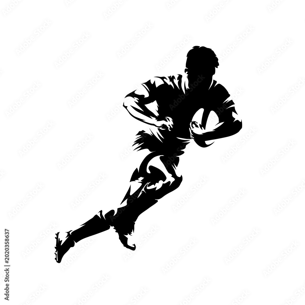Obraz premium Rugby player running with ball, abstract isolated vector silhouette. Side view