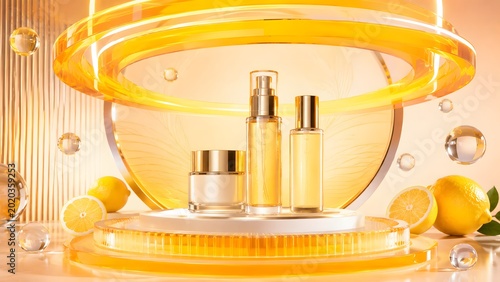 Luxury cosmetic cream and serum bottles with fresh lemon slices on a gold pedestal display