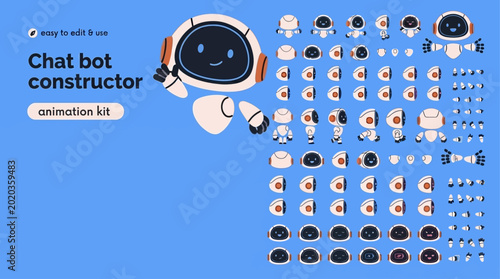 Cute Robot Chatbot Character Animation Kit - Customizable Vector Elements and Poses for AI Assistant