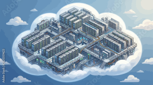 Cloud computing infrastructure concept with server racks on a cloud